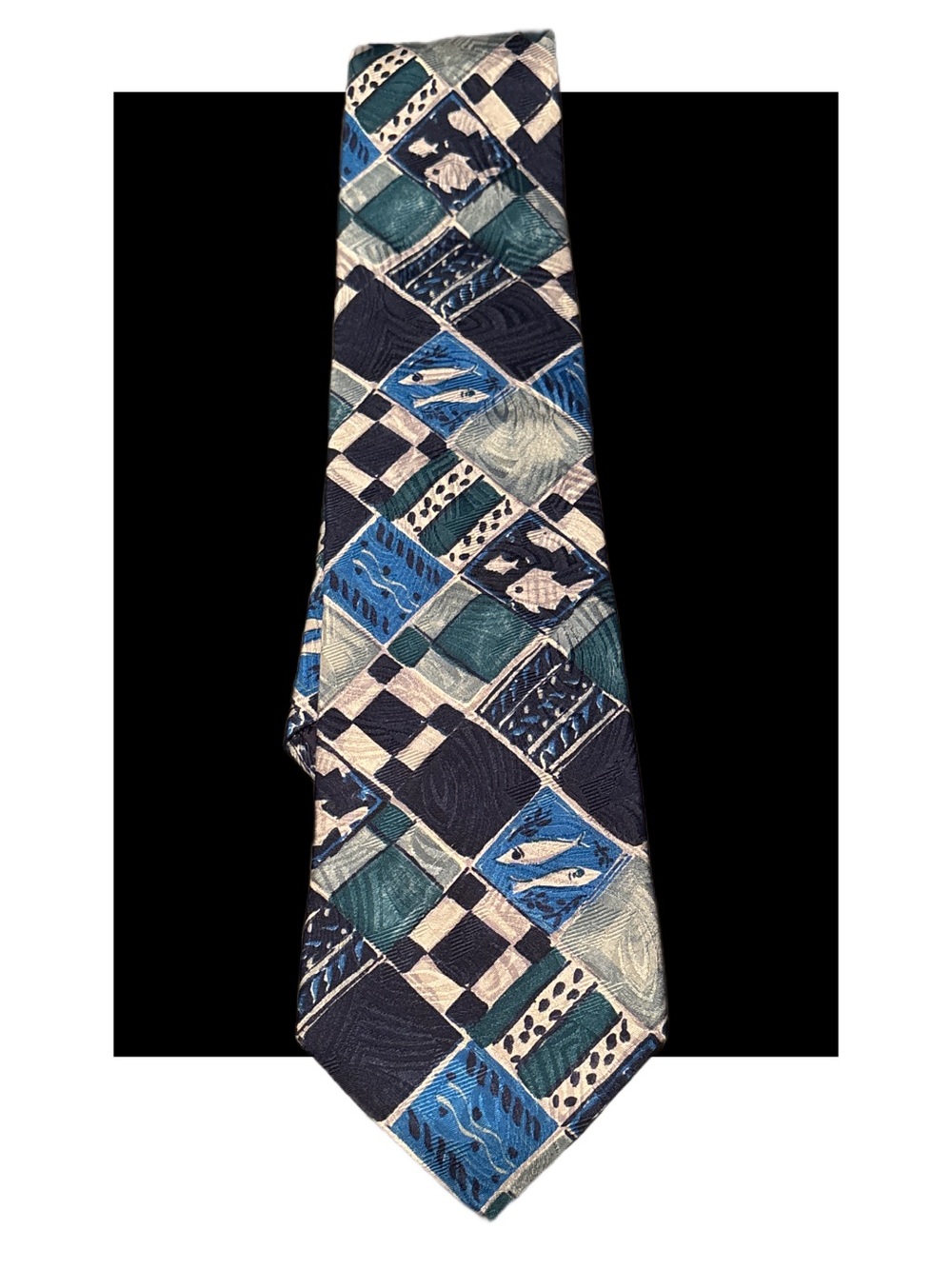 Vintage Harry Rosen Patterned Blue Fish Motif Silk Tie